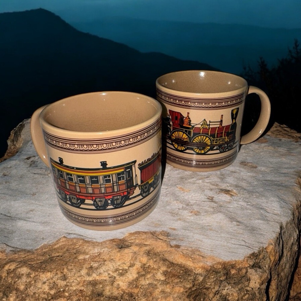 Vtg Pair of Railroad Caboose Car Coffee Mug Rail Train Tea Cup Brown CHAPS Japan